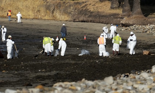 Clean up crews remove oil-laden sand on the beach at Refugio State Beach, site of an oil spill, nor...