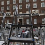 
Stepladders placed by members of the media are seen across from St. Mary's Hospital exclusive Lindo Wing in London, Tuesday, July 2, 2013. Media are preparing for royal-mania as Britain's Duchess of Cambridge plans to give birth to the new third-in-line to the throne in mid-July, at the Lindo Wing. Cameras from all over the world are set to be jostling outside for an exclusive first glimpse of Britain's Prince William and the Duchess of Cambridge's first child. (AP Photo/Lefteris Pitarakis)
