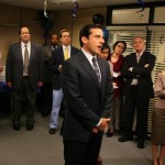 This 2007 file image originally provided by NBC Universal shows a scene from NBC's "The Office," showing Steve Carell, center, as Michael Scott. Inept branch manager Michael Scott departs "The Office" on Thursday's episode of the popular NBC comedy, taking series star Steve Carell with him. Also pictured are cast members, from left, Oscar Nu