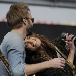 Nikki Reed, a cast member in the film "The Twilight Saga: Breaking Dawn - Part 2," is embraced by her husband, singer Paul McDonald, as they perform together onstage during the Twilight Fan Camp Concert outside Nokia Theater L.A. Live, Saturday, Nov. 10. 2012, in Los Angeles. The world premiere of the film will be held at Nokia Theater L.A. Live on Monday. (Photo by Chris Pizzello/Invision/AP)