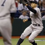 New York Yankees third baseman Alex Rodriguez grabs a second inning chopper by Tampa Bay Rays' B.J. Upton during a baseball game Tuesday, May 17, 2011 in St. Petersburg, Fla. Rodriguez threw Upton out at first. (AP Photo/Chris O'Meara)