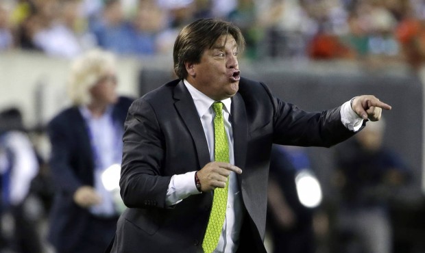Mexico head coach Miguel Herrera yells during the first half of the CONCACAF Gold Cup championship ...